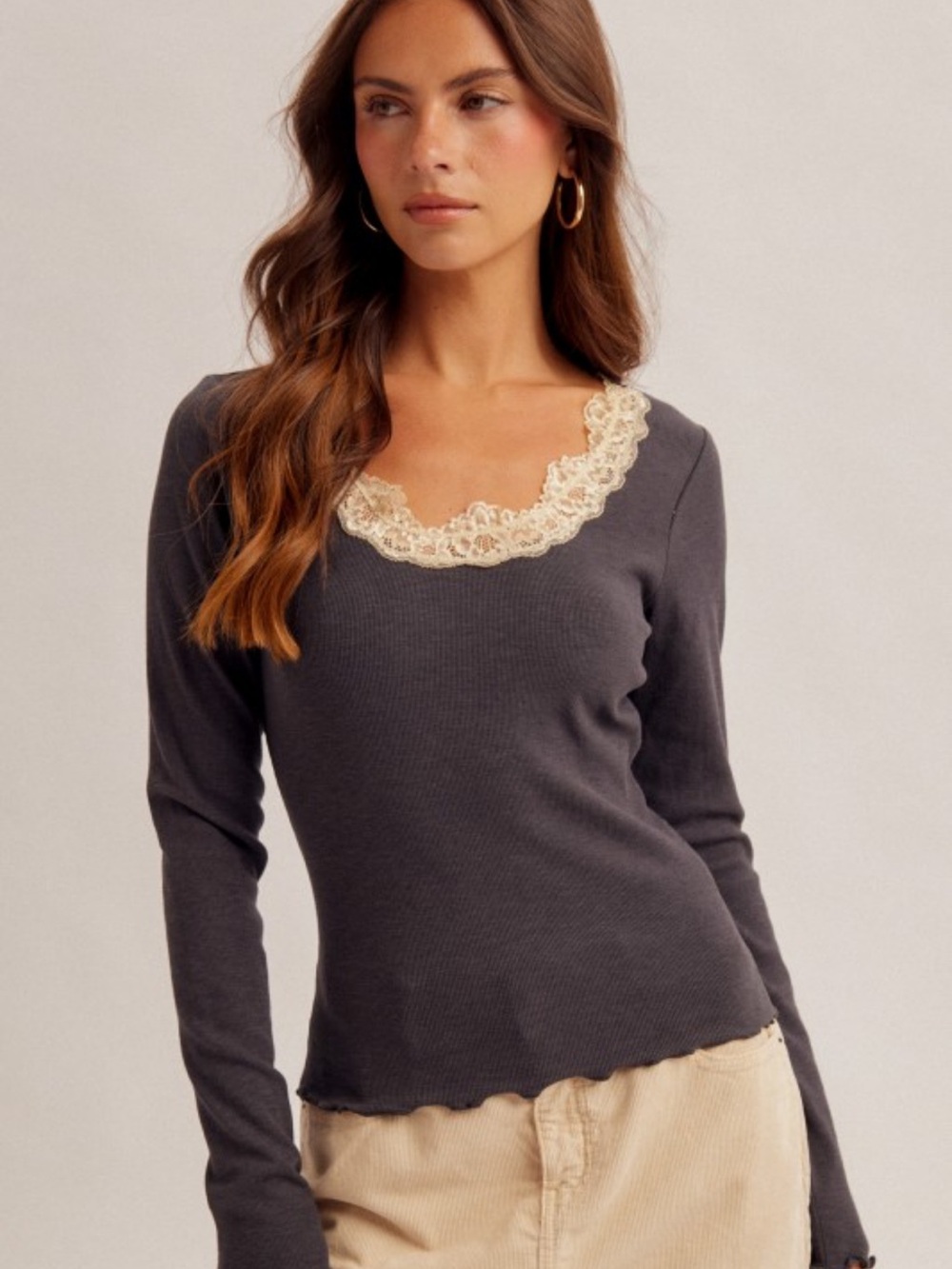 709. Ash lace neckline long sleeve rib top